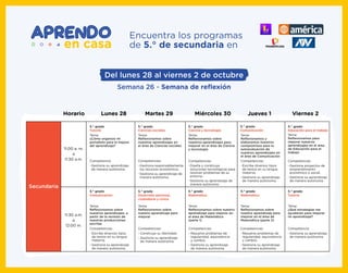 Encuentra los programas
de 5.° de secundaria en
11:00 a. m.
a
11:30 a.m.
11:30 a.m.
a
12:00 m.
5.° grado
Educación para el trabajo
Tema:
Reﬂexionamos para
mejorar nuestros
aprendizajes en el área
de Educación para el
trabajo
5.° grado
Ciencia y tecnología
Tema:
Reﬂexionamos sobre
nuestros aprendizajes para
mejorar en el área de Ciencia
y tecnología
5.° grado
Ciencias sociales
Tema:
Reﬂexionamos sobre
nuestros aprendizajes en
el área de Ciencias sociales
5.° grado
Tutoría
Tema:
¿Cómo organizo mi
portafolio para la mejora
del aprendizaje?
5.° grado
Desarrollo personal,
ciudadanía y cívica
Tema:
Reﬂexionamos sobre
nuestro aprendizaje para
mejorar
5.° grado
Comunicación
Tema:
Reﬂexionamos sobre
nuestros aprendizajes, a
partir de la revisión de
nuestras producciones
escritas
5.° grado
Matemática
Tema:
Reﬂexionamos sobre nuestro
aprendizaje para mejorar en
el área de Matemática
(parte 1)
-
-
Resuelve problemas de
regularidad, equivalencia
y cambio.
Gestiona su aprendizaje
de manera autónoma.
Competencias:
-
-
Construye su Identidad.
Gestiona su aprendizaje
de manera autónoma.
Competencias:
-
-
Escribe diversos tipos
de textos en su lengua
materna.
Gestiona su aprendizaje
de manera autónoma.
Competencias:
5.° grado
Matemática
Tema:
Reﬂexionamos sobre
nuestro aprendizaje para
mejorar en el área de
Matemática (parte 2)
-
-
Resuelve problemas de
regularidad, equivalencia
y cambio.
Gestiona su aprendizaje
de manera autónoma.
Competencias:
5.° grado
Tutoría
Tema:
¿Qué estrategias me
ayudarían para mejorar
mi aprendizaje?
5.° grado
Comunicación
Tema:
Reﬂexionamos y
elaboramos nuestros
compromisos para la
autoevaluación de
nuestros aprendizajes en
el área de Comunicación
Secundaria
-
-
Gestiona proyectos de
emprendimiento
económico o social.
Gestiona su aprendizaje
de manera autónoma.
Competencias:
-Gestiona su aprendizaje
de manera autónoma.
Competencia:
-
-
Escribe diversos tipos
de textos en su lengua
materna.
Gestiona su aprendizaje
de manera autónoma.
Competencias:
-
-
Diseña y construye
soluciones tecnológicas para
resolver problemas de su
entorno.
Gestiona su aprendizaje de
manera autónoma.
Competencias:
-
-
Gestiona responsablemente
los recursos económicos.
Gestiona su aprendizaje de
manera autónoma.
Competencias:
-Gestiona su aprendizaje
de manera autónoma.
Competencia:
Lunes 28Horario Martes 29 Miércoles 30 Jueves 1 Viernes 2
Del lunes 28 al viernes 2 de octubre
Semana 26 - Semana de reﬂexión
 