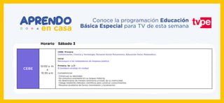Conoce la programación Educación
Básica Especial para TV de esta semana
10:00 a. m.
a
10:30 a.m.
CEBE Primaria
Comunicación, Ciencia y Tecnología, Personal Social Psicomotriz, Educación física, Matemática.
Inicial
Reconozco a los trabajadores de limpieza pública.
Primaria. 1er y 2º
El bombero proteje mi ciudadCEBE
-
-
-
-
-
Construye su identidad.
Se comunica oralmente en su lengua materna.
Se desenvuelve de manera autónoma a través de su motricidad.
Indaga mediante métodos cientíﬁcos para construir conocimientos.
Resuelve problema de forma, movimiento y localización.
Competencias:
Sábado 3Horario
 