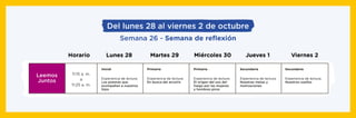 Del lunes 28 al viernes 2 de octubre
Semana 26 - Semana de reﬂexión
11:15 a. m.
a
11:25 a. m.
Lunes 28Horario Martes 29 Miércoles 30 Jueves 1 Viernes 2
Primaria
Experiencia de lectura:
El origen del uso del
fuego por las mujeres
y hombres piros
Secundaria
Experiencia de lectura:
Nuestras metas y
motivaciones
Secundaria
Experiencia de lectura:
Nuestros sueños
Primaria
Experiencia de lectura:
En busca del arcoíris
Inicial
Experiencia de lectura:
Los poemas que
acompañan a nuestros
hijos
Leemos
Juntos
 