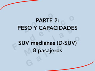 2
0
1
9
F
e
d
e
r i c
o
M
a
c
i a
s
G
a
l i n
d
o
PARTE 2:
PESO Y CAPACIDADES
SUV medianas (D-SUV)
8 pasajeros
 