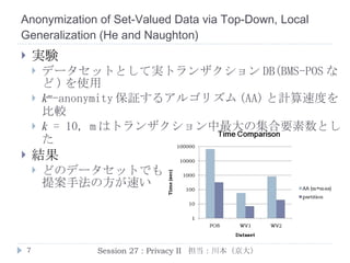 Anonymization of Set-Valued Data via Top-Down, Local Generalization  ( He  and  Naughton ) アルゴリズム ( 一般化とパーティション分割 ) 階層構造をもとにパーティションに分割 ( P A , P B , P AB と三つのパーティション ) 条件を満足する場合 (1) を繰り返す ( 各パーティションとも 2 -anonymity ) Session 27 : Privacy II  担当：川本（京大） P A P B P AB ->  { A } ->  { A } ->  { B } ->  { B } ->  { A, B } ->  { A, B } ->  { A, B } T 1 : { a 1 } T 2 : { a 1 ,   a 2 } T 3 : { b 1 ,b 2 } T 4 : { b 1 ,   b 2 } T 5 : { a 1 ,   a 2 , b 2 } T 6 : { a 1 ,   a 2 , b 2 } T 7 : { a 1 ,   a 2 , b 1 ,   b 2 } ALL A B a 1 a 2 b 1 b 2 一般化階層構造 