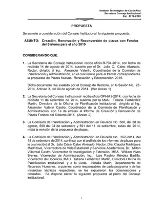 Instituto Tecnológico de Costa Rica 
Secretaría Consejo Institucional 
Ext. 2716-2239 
PROPUESTA 
Se somete a consideración del Consejo Institucional la siguiente propuesta: 
ASUNTO: Creación, Renovación y Reconversión de plazas con Fondos 
del Sistema para el año 2015 
1 
CONSIDERANDO QUE: 
1. La Secretaría del Consejo Institucional recibe oficio R-734-2014, con fecha de 
recibido 14 de agosto de 2014, suscrito por el Dr. Julio C. Calvo Alvarado, 
Rector, dirigido al Ing. Alexander Valerín, Coordinador de la Comisión de 
Planificación y Administración, en el cual remite para el trámite correspondiente 
la propuesta de Plazas Nuevas, Renovación y Reconversión 2015. 
Dicho documento fue avalado por el Consejo de Rectoría, en la Sesión No. 25- 
2014, Artículo 3, del 04 de agosto de 2014. (Ver Anexo 1) 
2. La Secretaría del Consejo Institucional recibe oficio OPI-642-2014, con fecha de 
recibido 11 de setiembre de 2014, suscrito por la MAU. Tatiana Fernández 
Martín, Directora de la Oficina de Planificación Institucional, dirigido al Ing. 
Alexander Valerín Castro, Coordinador de la Comisión de Planificación y 
Administración, con Fe de erratas al Informe de Creación y Renovación de 
Plazas Fondos del Sistema 2015. (Anexo 2) 
3. La Comisión de Planificación y Administración en Reunión No. 588, del 28 de 
agosto, 590 del 04 de setiembre y 591 del 11 de setiembre, todas del 2014, 
inició la revisión de la propuesta de plazas. 
4. La Comisión de Planificación y Administración en Reunión No. 592-2014, del 
18 de setiembre de 2014, continuó con el análisis de los informes de plazas para 
lo cual recibió al Dr. Julio César Calvo Alvarado, Rector, Dra. Claudia Madrizova 
Madrizova, Vicerrectora de Vida Estudiantil y Servicios Académicos, Dr. Milton 
Villarreal Castro, Vicerrector de Investigación y Extensión, MBA. William Vives 
Brenes, Vicerrector de Administración, Ing. Luis Paulino Méndez Badilla, 
Vicerrector de Docencia, MAU. Tatiana Fernández Martín, Directora Oficina de 
Planificación Institucional y a la Licda. Natalia Marín, Departamento de 
Recursos Humanos, a quienes como responsables de cada programa y de las 
instancias técnicas respectivas, se les expusieron las observaciones y 
consultas. Se dispone elevar la siguiente propuesta al pleno del Consejo 
Institucional. 
 