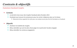 4
Evolutions Facebook Insights
Contexte & objectifs
 Contexte
 La dernière mise à jour des Insights Facebook date d’octobre 2011
 Facebook veut rassurer les annonceurs pour les inciter à dépenser plus sur le réseau
 Nécessite de leur apporter les outils pour une analyse encore plus fine de l’animation sur Facebook
 Objectifs
 Améliorer la lisibilité des Insights
 Mieux identifier qui sont les fans d’une page et en particulier les fans engagés
 Mieux identifier les contenus engageants
 