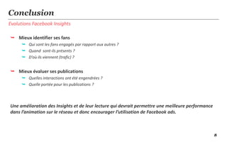 8
Evolutions Facebook Insights
Conclusion
 Mieux identifier ses fans
 Qui sont les fans engagés par rapport aux autres ?
 Quand sont-ils présents ?
 D’où ils viennent (trafic) ?
 Mieux évaluer ses publications
 Quelles interactions ont été engendrées ?
 Quelle portée pour les publications ?
Une amélioration des Insights et de leur lecture qui devrait permettre une meilleure performance
dans l’animation sur le réseau et donc encourager l’utilisation de Facebook ads.
 
