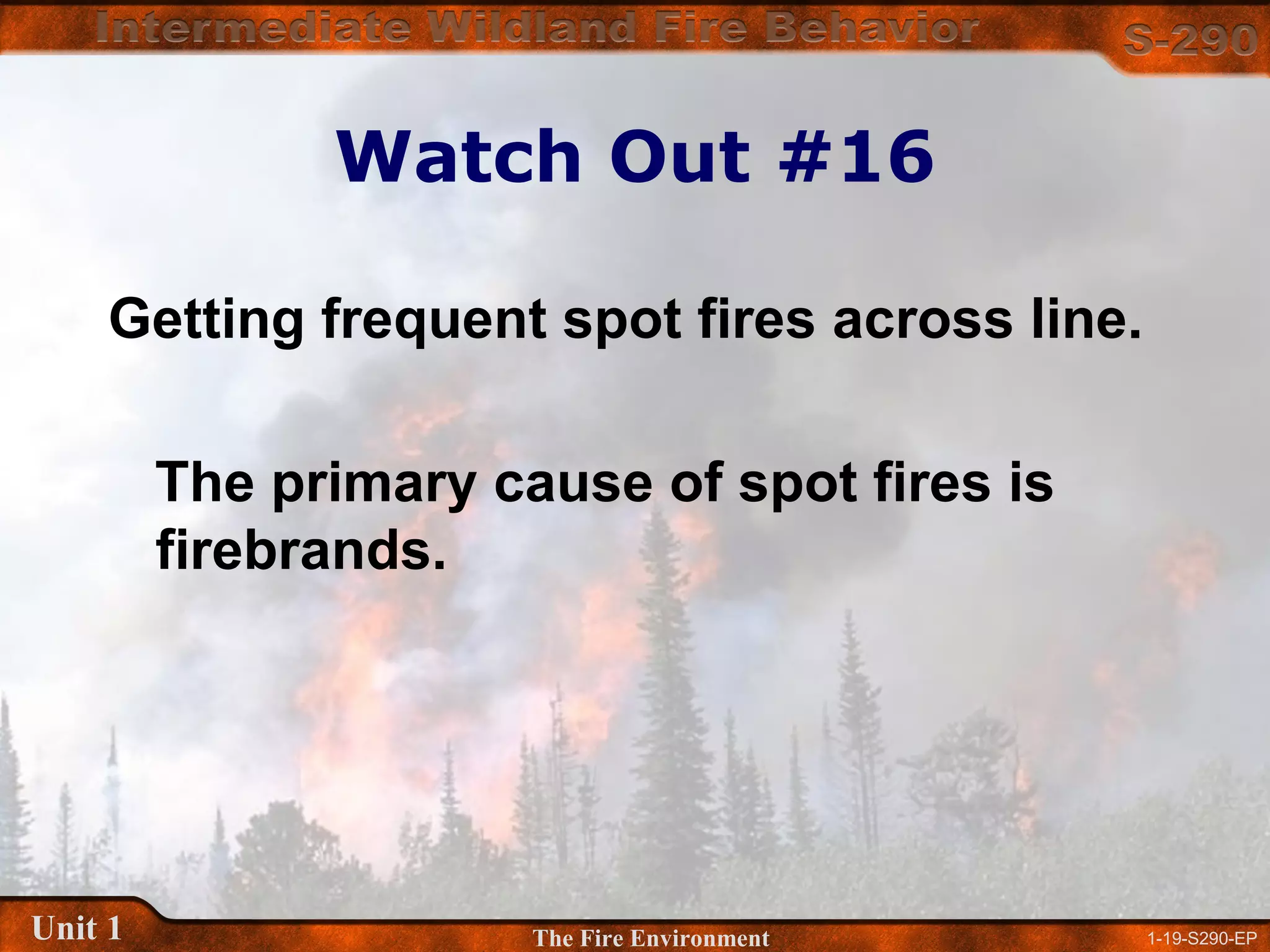 1-19-S290-EPUnit 1 The Fire Environment
Watch Out #16
Getting frequent spot fires across line.
The primary cause of spot fires is
firebrands.
 