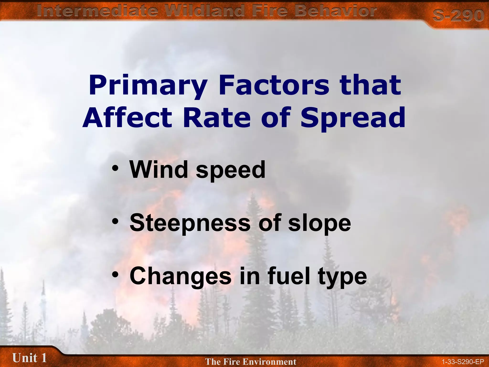 1-33-S290-EPUnit 1 The Fire Environment
Primary Factors that
Affect Rate of Spread
• Wind speed
• Steepness of slope
• Changes in fuel type
 