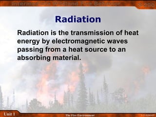 1-11-S290-EPUnit 1 The Fire Environment
Radiation
Radiation is the transmission of heat
energy by electromagnetic waves
passing from a heat source to an
absorbing material.
 