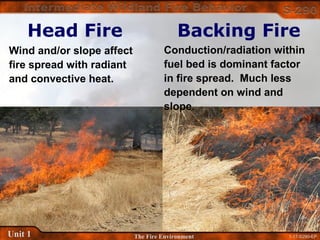 1-17-S290-EPUnit 1 The Fire Environment
Head Fire Backing Fire
Wind and/or slope affect
fire spread with radiant
and convective heat.
Conduction/radiation within
fuel bed is dominant factor
in fire spread. Much less
dependent on wind and
slope.
 