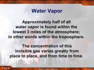 4-13-S290-EPUnit 4 Basic Weather Processes
Water Vapor
The concentration of this
invisible gas varies greatly from
place to place, and from time to time.
Approximately half of all
water vapor is found within the
lowest 3 miles of the atmosphere;
in other words within the troposphere.
 