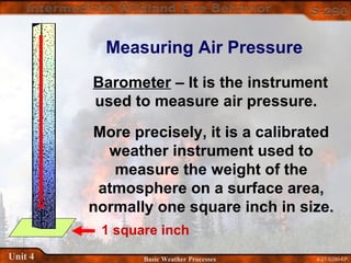4-27-S290-EPUnit 4 Basic Weather Processes
Measuring Air Pressure
Barometer – It is the instrument
used to measure air pressure.
More precisely, it is a calibrated
weather instrument used to
measure the weight of the
atmosphere on a surface area,
normally one square inch in size.
1 square inch
 