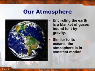 4-4-S290-EPUnit 4 Basic Weather Processes
Our Atmosphere
• Encircling the earth
is a blanket of gases
bound to it by
gravity.
• Similar to its
oceans, the
atmosphere is in
constant motion.
 