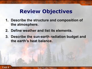 4-65-S290-EPUnit 4 Basic Weather Processes
Review Objectives
1. Describe the structure and composition of
the atmosphere.
2. Define weather and list its elements.
3. Describe the sun-earth radiation budget and
the earth’s heat balance.
 