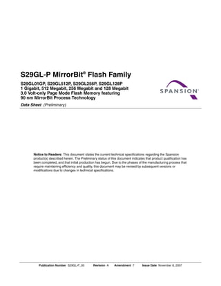 Publication Number S29GL-P_00 Revision A Amendment 7 Issue Date November 8, 2007
S29GL-P MirrorBit®
Flash Family
S29GL-P MirrorBit®
Flash Family Cover Sheet
S29GL01GP, S29GL512P, S29GL256P, S29GL128P
1 Gigabit, 512 Megabit, 256 Megabit and 128 Megabit
3.0 Volt-only Page Mode Flash Memory featuring
90 nm MirrorBit Process Technology
Data Sheet (Preliminary)
Notice to Readers: This document states the current technical specifications regarding the Spansion
product(s) described herein. The Preliminary status of this document indicates that product qualification has
been completed, and that initial production has begun. Due to the phases of the manufacturing process that
require maintaining efficiency and quality, this document may be revised by subsequent versions or
modifications due to changes in technical specifications.
 