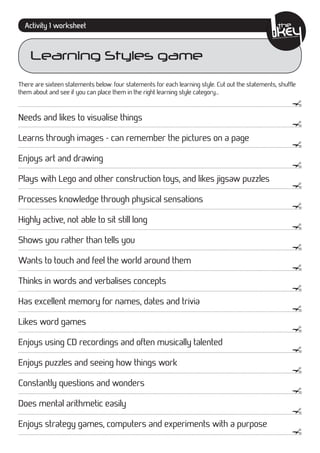 Activity 1 worksheet
                                                                                                                                        together...
                                                                                                                    & Children’s work
                                                                                                  Unlocking Youth




    Learning Styles game
There are sixteen statements below: four statements for each learning style. Cut out the statements, shuffle
them about and see if you can place them in the right learning style category...                         Unlocking Youth
                                                                                                                           & Children’s work
                                                                                                                                                together...




                                                                                                                                   ✁
                                                                                                                                          on ‘the’
                                                                                                                            much emphasis
Needs and likes to visualise things                                                               too busy? too



                                                                                                                                   ✁
Learns through images - can remember the pictures on a page
                                                                                                                                   ✁
Enjoys art and drawing
                                                                                                                                   ✁
Plays with Lego and other construction toys, and likes jigsaw puzzles
                                                                                                                                   ✁
Processes knowledge through physical sensations
                                                                                                                                   ✁
Highly active, not able to sit still long
                                                                                                                                   ✁
Shows you rather than tells you
                                                                                                                                   ✁
Wants to touch and feel the world around them
                                                                                                                                   ✁
Thinks in words and verbalises concepts
                                                                                                                                   ✁
Has excellent memory for names, dates and trivia
                                                                                                                                   ✁
Likes word games
                                                                                                                                   ✁
Enjoys using CD recordings and often musically talented
                                                                                                                                   ✁
Enjoys puzzles and seeing how things work
                                                                                                                                   ✁
Constantly questions and wonders
                                                                                                                                   ✁
Does mental arithmetic easily
                                                                                                                                   ✁
Enjoys strategy games, computers and experiments with a purpose
                                                                                                                                   ✁
 