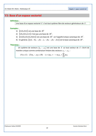 [S3, Module M12, Matière : Mathématiques II] Chapitre 1 : espace vectoriel réel
Professeure Salma DASSER Session Automne-hiver
10
VI- Base d’un espace vectoriel
Définition :
Une base d’un espace vectoriel E c’est tout système libre de vecteurs générateurs de E .
Exemples :
1) { })1,0(),0,1( est une base de 2
IR
2) { })1,1(),1,0(),0,1 n’est pas une base de 2
IR .
3) { })1,0,0(),0,1,0(),0,0,1( est une base de 3
IR : on l'appelle la base canonique de 3
IR .
4) En général, { })1,0,,0(,),0,,1,,0(,),0,0,1( LLLLLL est la base canonique de n
IR .
Théorème :
Un système de vecteurs { }nuu ,,1 L est une base de E ssi tout vecteur de E s’écrit de
manière unique comme combinaison linéaire des vecteurs nuu ,,1 L :
∑=
=++=∈∃∈∀
n
i
iinnn uuuuIREu
1
111 /),,!()( ααααα LL
 