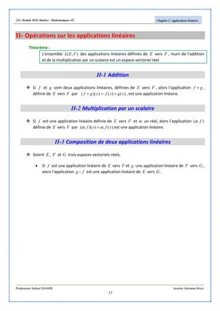 [S3, Module M10, Matière : Mathématiques II] Chapitre 2 : applications linéaires
Professeure Salma DASSER Session Automne-hiver
15
II- Opérations sur les applications linéaires
Théorème :
L’ensemble ),( FEL des applications linéaires définies de E vers F , muni de l’addition
et de la multiplication par un scalaire est un espace vectoriel réel.
II-1 Addition
Si f et g sont deux applications linéaires, définies de E vers F , alors l’application gf + ,
définie de E vers F par )()())(( xgxfxgf +=+ , est une application linéaire.
II-2 Multiplication par un scalaire
Si f est une application linéaire définie de E vers F et α un réel, alors l’application ).( fα
définie de E vers F par )(.))(.( xfxf αα = est une application linéaire.
II-3 Composition de deux applications linéaires
Soient E , F et G trois espaces vectoriels réels.
• Si f est une application linéaire de E vers F et g une application linéaire de F vers G ,
alors l’application fg o est une application linéaire de E vers G .
 