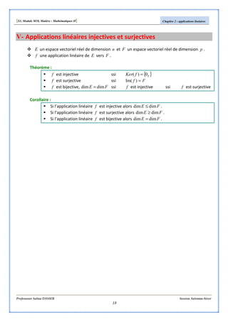 [S3, Module M10, Matière : Mathématiques II] Chapitre 2 : applications linéaires
Professeure Salma DASSER Session Automne-hiver
18
V- Applications linéaires injectives et surjectives
E un espace vectoriel réel de dimension n et F un espace vectoriel réel de dimension p .
f une application linéaire de E vers F .
Théorème :
f est injective ssi { }EfKer 0)( =
f est surjective ssi Ff =)Im(
f est bijective, FE dimdim = ssi f est injective ssi f est surjective
Corollaire :
Si l’application linéaire f est injective alors FE dimdim ≤ .
Si l’application linéaire f est surjective alors FE dimdim ≥ .
Si l’application linéaire f est bijective alors FE dimdim = .
 