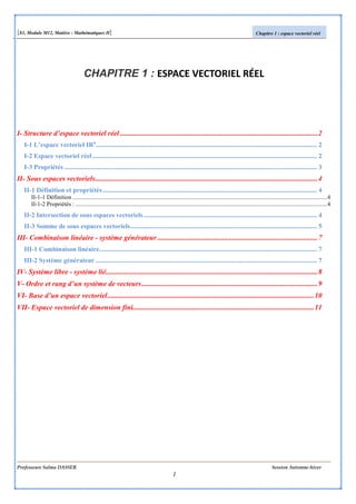 [S3, Module M12, Matière : Mathématiques II] Chapitre 1 : espace vectoriel réel
Professeure Salma DASSER Session Automne-hiver
1
CHAPITRE 1 : ESPACE VECTORIEL RÉEL
I- Structure d’espace vectoriel réel ..............................................................................................................2
I-1 L’espace vectoriel IRn
...................................................................................................................................... 2
I-2 Espace vectoriel réel........................................................................................................................................ 2
I-3 Propriétés ......................................................................................................................................................... 3
II- Sous espaces vectoriels............................................................................................................................4
II-1 Définition et propriétés.................................................................................................................................. 4
II-1-1 Définition .........................................................................................................................................................................4
II-1-2 Propriétés : .......................................................................................................................................................................4
II-2 Intersection de sous espaces vectoriels......................................................................................................... 4
II-3 Somme de sous espaces vectoriels................................................................................................................. 5
III- Combinaison linéaire - système générateur .........................................................................................7
III-1 Combinaison linéaire.................................................................................................................................... 7
III-2 Système générateur ...................................................................................................................................... 7
IV- Système libre - système lié......................................................................................................................8
V- Ordre et rang d’un système de vecteurs..................................................................................................9
VI- Base d’un espace vectoriel...................................................................................................................10
VII- Espace vectoriel de dimension fini.....................................................................................................11
 
