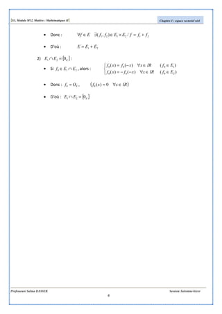 [S3, Module M12, Matière : Mathématiques II] Chapitre 1 : espace vectoriel réel
Professeure Salma DASSER Session Automne-hiver
6
• Donc : 212121 /),( fffEEffEf +=×∈∃∈∀
• D’où : 21 EEE +=
2) { }EEE 021 =∩ :
• Si 210 EEf ∩∈ , alors :



∈∈∀−−=
∈∈∀−=
)()()(
)()()(
2000
1000
EfIRxxfxf
EfIRxxfxf
• Donc : EOf =0 , ( )IRxxf ∈∀= 0)(0
• D’où : { }EEE 021 =∩
 
