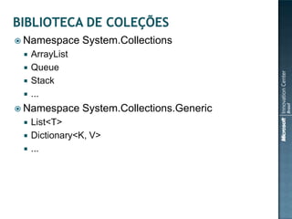  Namespace      System.Collections
    ArrayList
    Queue
    Stack
    ...
 Namespace      System.Collections.Generic
    List<T>
    Dictionary<K, V>
    ...
 