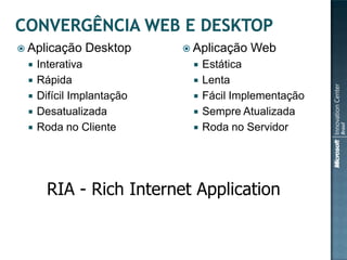  Aplicação    Desktop      Aplicação   Web
    Interativa                Estática
    Rápida                    Lenta
    Difícil Implantação       Fácil Implementação
    Desatualizada             Sempre Atualizada
    Roda no Cliente           Roda no Servidor




       RIA - Rich Internet Application
 