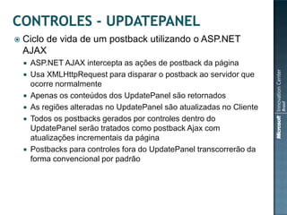    Ciclo de vida de um postback utilizando o ASP.NET
    AJAX
       ASP.NET AJAX intercepta as ações de postback da página
       Usa XMLHttpRequest para disparar o postback ao servidor que
        ocorre normalmente
       Apenas os conteúdos dos UpdatePanel são retornados
       As regiões alteradas no UpdatePanel são atualizadas no Cliente
       Todos os postbacks gerados por controles dentro do
        UpdatePanel serão tratados como postback Ajax com
        atualizações incrementais da página
       Postbacks para controles fora do UpdatePanel transcorrerão da
        forma convencional por padrão
 