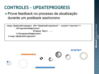  Provefeedback no processo de atualização
 durante um postback assíncrono

<asp:UpdateProgress ID="UpdateProgress1“ runat="server">
       <ProgressTemplate>
                    Please Wait ...
       </ProgressTemplate>
 </asp:UpdateProgress>
 