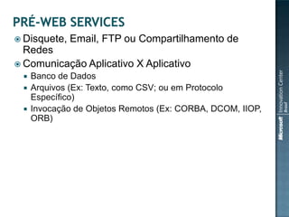  Disquete,   Email, FTP ou Compartilhamento de
  Redes
 Comunicação Aplicativo X Aplicativo
  Banco de Dados
  Arquivos (Ex: Texto, como CSV; ou em Protocolo
   Específico)
  Invocação de Objetos Remotos (Ex: CORBA, DCOM, IIOP,
   ORB)
 