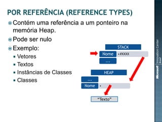  Contém uma referência a um ponteiro na
  memória Heap.
 Pode ser nulo
 Exemplo:                           STACK
                                       Nome   •#XXXX
  Vetores
                                        ...
  Textos
  Instâncias de Classes               HEAP
  Classes                  ...
                           Nome    •



                                  “Texto”
 