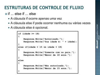  if   ... else if ... else
      A cláusula if ocorre apenas uma vez
      A cláusula else if pode ocorrer nenhuma ou várias vezes
      A cláusula else é opcional.
            if (idade >= 18)
            {
                 Response.Write("Autorizado.");
                 Response.Write(“Sua idade é: ” + idade);
            }
            else if(idade > 15 && idade < 18)
            {
                 Response.Write("Somente com os pais.");
                 Response.Write(“Menor de 18 anos.”);
            }
            else
            {
                 Response.Write("Não autorizado.");
                 Response.Write(“Menor de 15 anos.”);
            }
 