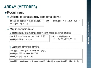  Podem       ser:
    Unidimensionais: array com uma chave.
     int[] codigos = new int[5];     int[] codigos = {1,3,6,7,8};
     codigos[0] = 1;

    Multidimensionais:
        Retangular ou matriz: array com mais de uma chave.
     int[,] codigos = new int[2,2];      int[,] codigos =
     codigos[0,0] = 11;                     {{11,42},{35,44}};



        Jagged: array de arrays.
     int[][] codigos = new int[2][];
     codigos[0] = new int[2];
     codigos[0][0] = 11;

     int[][] codigos = { new int[]{11,42}, new int[]{35,44} };
 