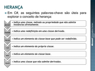    Em C#, as seguintes palavras-chave são úteis para
    explorar o conceito de herança:
           • Indica uma classe, método ou propriedade que não admite
ABSTRACT     instâncias diretamente.

           • Indica uma redefinição em uma classe derivada.
OVERRIDE




           • Indica um elemento da classe base que pode ser redefinido.
VIRTUAL




           • Indica um elemento da própria classe.
  THIS




           • Indica um elemento da classe base.
  BASE




           • Indica uma classe que não admite derivadas.
 SEALED
 