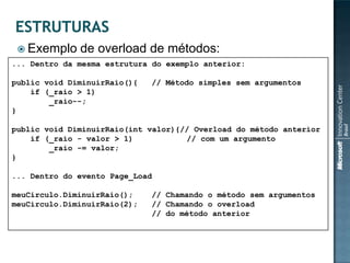  Exemplo    de overload de métodos:
... Dentro da mesma estrutura do exemplo anterior:

public void DiminuirRaio(){   // Método simples sem argumentos
    if (_raio > 1)
        _raio--;
}

public void DiminuirRaio(int valor){// Overload do método anterior
    if (_raio - valor > 1)           // com um argumento
        _raio -= valor;
}

... Dentro do evento Page_Load

meuCirculo.DiminuirRaio();    // Chamando o método sem argumentos
meuCirculo.DiminuirRaio(2);   // Chamando o overload
                              // do método anterior
 