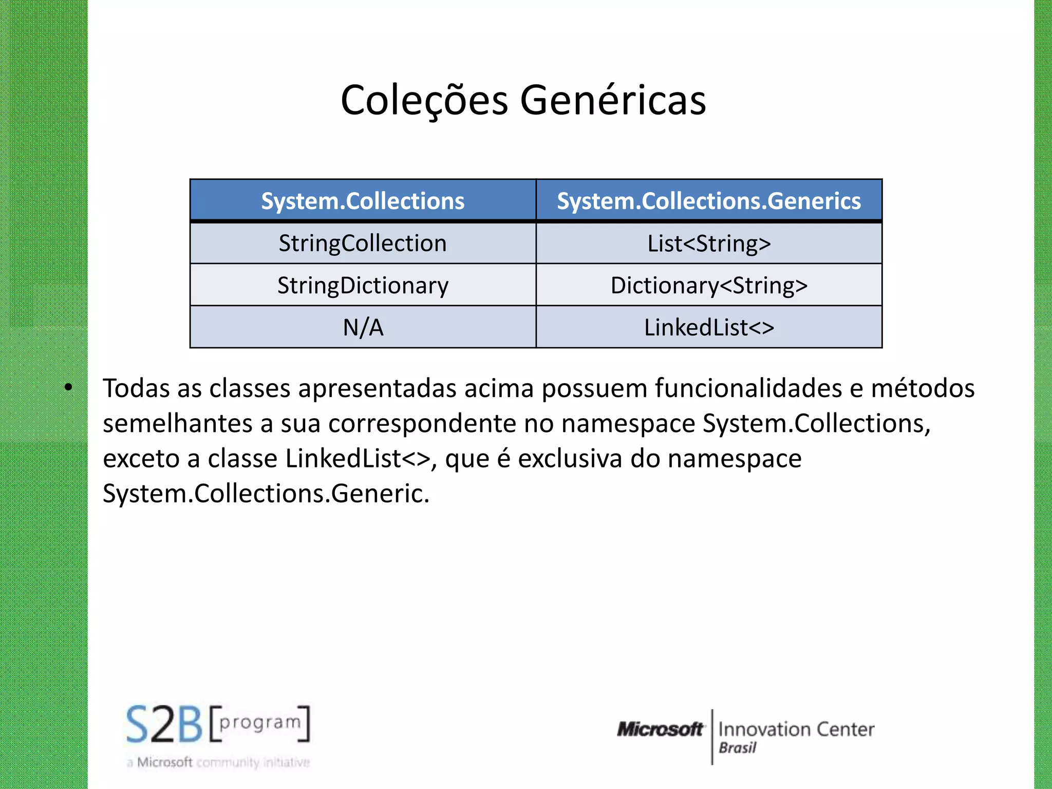 Coleções Genéricas

               System.Collections     System.Collections.Generics
                StringCollection             List<String>
                StringDictionary          Dictionary<String>
                      N/A                    LinkedList<>

• Todas as classes apresentadas acima possuem funcionalidades e métodos
  semelhantes a sua correspondente no namespace System.Collections,
  exceto a classe LinkedList<>, que é exclusiva do namespace
  System.Collections.Generic.
 