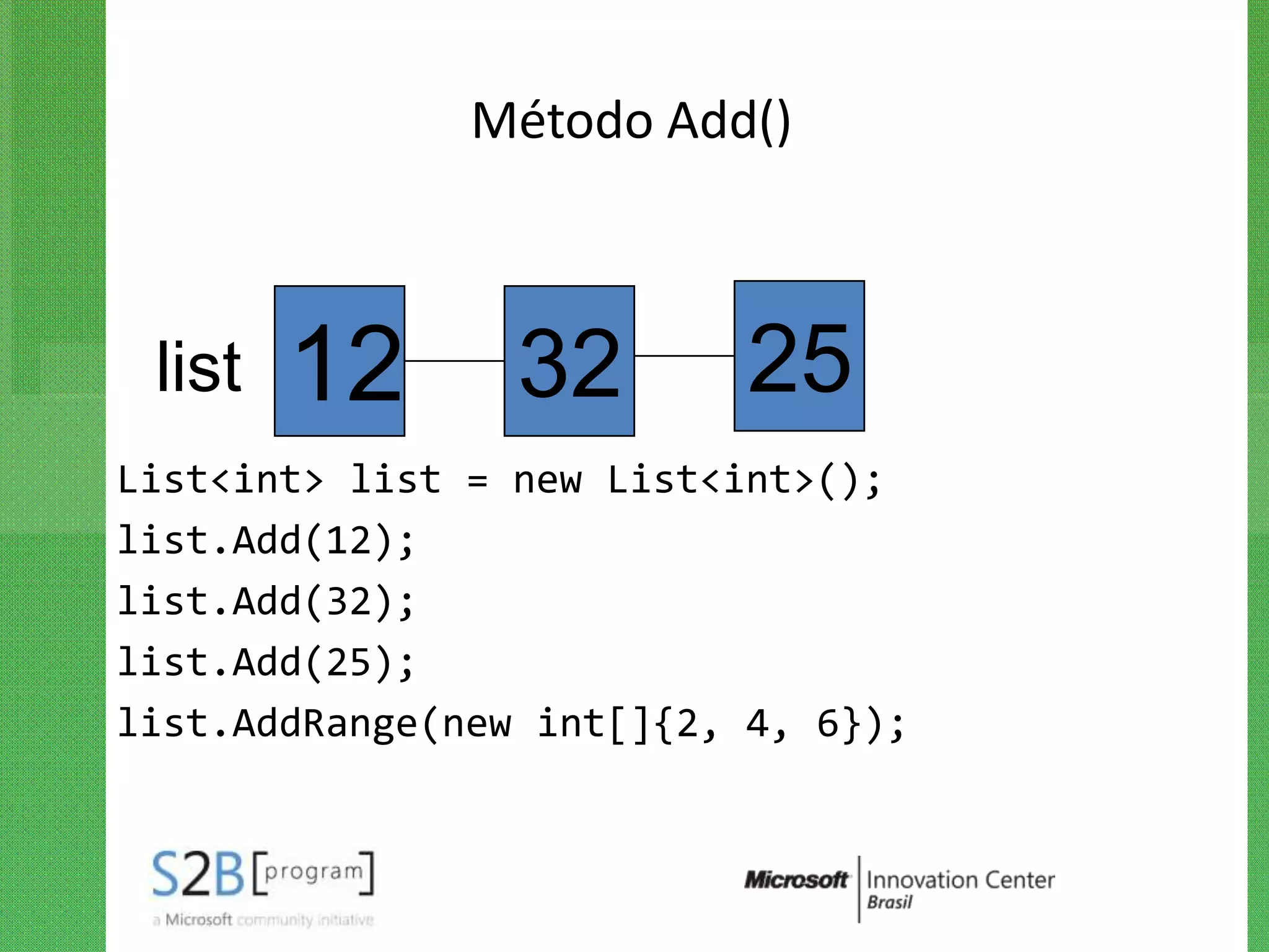 Método Add()



 list   12       32        25
List<int> list = new List<int>();
list.Add(12);
list.Add(32);
list.Add(25);
list.AddRange(new int[]{2, 4, 6});
 