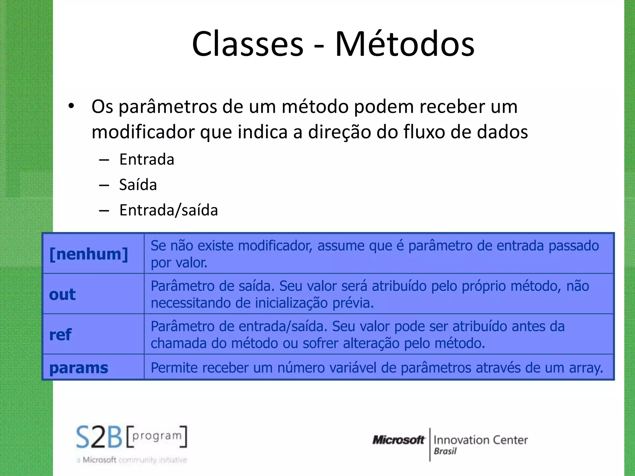 Classes - Métodos
  • Os parâmetros de um método podem receber um
    modificador que indica a direção do fluxo de dados
      – Entrada
      – Saída
      – Entrada/saída
            Se não existe modificador, assume que é parâmetro de entrada passado
[nenhum]    por valor.
            Parâmetro de saída. Seu valor será atribuído pelo próprio método, não
out         necessitando de inicialização prévia.
            Parâmetro de entrada/saída. Seu valor pode ser atribuído antes da
ref         chamada do método ou sofrer alteração pelo método.
params      Permite receber um número variável de parâmetros através de um array.
 
