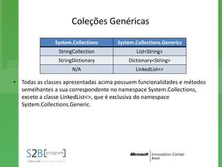 Coleções Genéricas

               System.Collections     System.Collections.Generics
                StringCollection             List<String>
                StringDictionary          Dictionary<String>
                      N/A                    LinkedList<>

• Todas as classes apresentadas acima possuem funcionalidades e métodos
  semelhantes a sua correspondente no namespace System.Collections,
  exceto a classe LinkedList<>, que é exclusiva do namespace
  System.Collections.Generic.
 