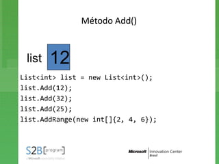 Método Add()


 list   12
List<int> list = new List<int>();
list.Add(12);
list.Add(32);
list.Add(25);
list.AddRange(new int[]{2, 4, 6});
 