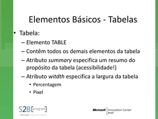 Elementos Básicos - Tabelas
• Tabela:
  – Elemento TABLE
  – Contêm todos os demais elementos da tabela
  – Atributo summary especifica um resumo do
    propósito da tabela (acessibilidade!)
  – Atributo witdth especifica a largura da tabela
     • Percentagem
     • Pixel
 