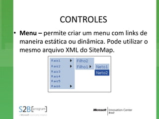 CONTROLES
• Menu – permite criar um menu com links de
  maneira estática ou dinâmica. Pode utilizar o
  mesmo arquivo XML do SiteMap.
 