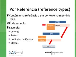Por Referência (reference types)
Contém uma referência a um ponteiro na memória
 Heap.
                                     STACK
Pode ser nulo
                              Nome • #XXXX
Exemplo:                       ...
    Vetores
                                        HEAP
    Textos
                              ...
    Instâncias de Classes   Nome   •

    Classes
                                    “Texto”
 