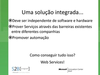 Uma solução integrada...
Deve ser independente de software e hardware
Prover Serviços através das barreiras existentes
 entre diferentes companhias
Promover automação



            Como conseguir tudo isso?
                  Web Services!
 