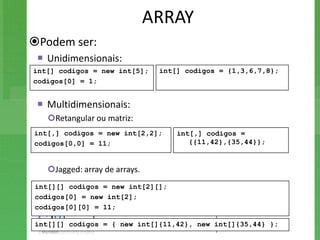 ARRAY
Podem ser:
  Unidimensionais:
int[] codigos = new int[5];     int[] codigos = {1,3,6,7,8};
codigos[0] = 1;


  Multidimensionais:
   Retangular ou matriz:
int[,] codigos = new int[2,2];      int[,] codigos =
codigos[0,0] = 11;                     {{11,42},{35,44}};


   Jagged: array de arrays.
int[][] codigos = new int[2][];
codigos[0] = new int[2];
codigos[0][0] = 11;

int[][] codigos = { new int[]{11,42}, new int[]{35,44} };
 