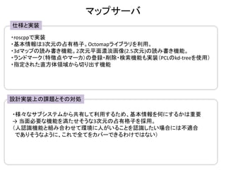 マップサーバ
仕様と実装
・roscppで実装
・基本情報は3次元の占有格子。Octomapライブラリを利用。
・3dマップの読み書き機能。2次元平面濃淡画像(2.5次元)の読み書き機能。
・ランドマーク（特徴点やマーカ）の登録・削除・検索機能も実装（PCLのkd-treeを使用）
・指定された直方体領域から切り出す機能
設計実装上の課題とその対処
・様々なサブシステムから共有して利用するため、基本情報を何にするかは重要
→ 当面必要な機能を満たせそうな3次元の占有格子を採用。
（人認識機能と組み合わせて環境に人がいることを認識したい場合には不適合
でありそうなように、これで全てをカバーできるわけではない）
 