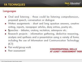 2013 © Next Education India Private Limited.
FA TECHNIQUES
CONVERSATIONAL SKILLS
AT LEAST 1 ASSESSMENT TASK
 