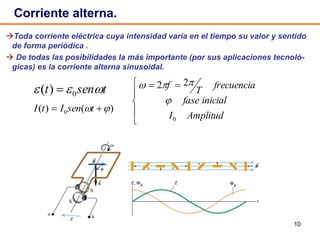 10
Corriente alterna.
Toda corriente eléctrica cuya intensidad varía en el tiempo su valor y sentido
de forma periódica .
 De todas las posibilidades la más importante (por sus aplicaciones tecnoló-
gicas) es la corriente alterna sinusoidal.
tsent  0)( 
)()( 0   tsenItI 



 
AmplitudI
inicialfase
frecuencia
T
f
0
22


 