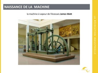 LARÉVOLUTIONINDUSTRIELLE
NAISSANCE DE LA MACHINE
la machine à vapeur de l’écossais James Watt
 