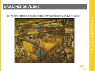 LARÉVOLUTIONINDUSTRIELLE
NAISSANCE DE L’USINE
Les hommes et les machines sont concentrés dans un lieu unique « l’usine »
 