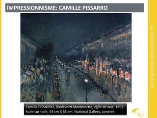 LARÉVOLUTIONINDUSTRIELLE
IMPRESSIONNISME: CAMILLE PISSARRO
Camille PISSARRO, Boulevard Montmartre, effet de nuit, 1897,
huile sur toile, 54 cm X 65 cm. National Gallery, Londres
 