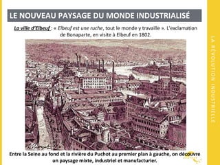 LARÉVOLUTIONINDUSTRIELLE
LE NOUVEAU PAYSAGE DU MONDE INDUSTRIALISÉ
Entre la Seine au fond et la rivière du Puchot au premier plan à gauche, on découvre
un paysage mixte, industriel et manufacturier.
La ville d’Elbeuf : « Elbeuf est une ruche, tout le monde y travaille ». L'exclamation
de Bonaparte, en visite à Elbeuf en 1802.
 